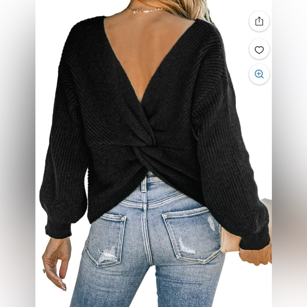 Cupshe Women's Black Chunky Knit Twist V-Back Sweater Top NWT XS V Neck
